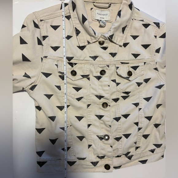 Vintage Forever 21 Cropped Denim Jacket - Black/Beige Triangle Print - Size S - Picture 11 of 12
